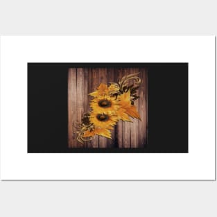 Sunflowers Rustic Floral on Wood Barn Look Background with Pattern Sunflower Posters and Art